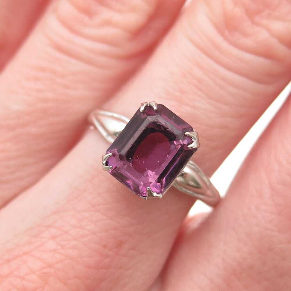 Uncas 925 Sterling Silver Antique Art Deco Emerald-Cut Rhinestone Ring Size 7